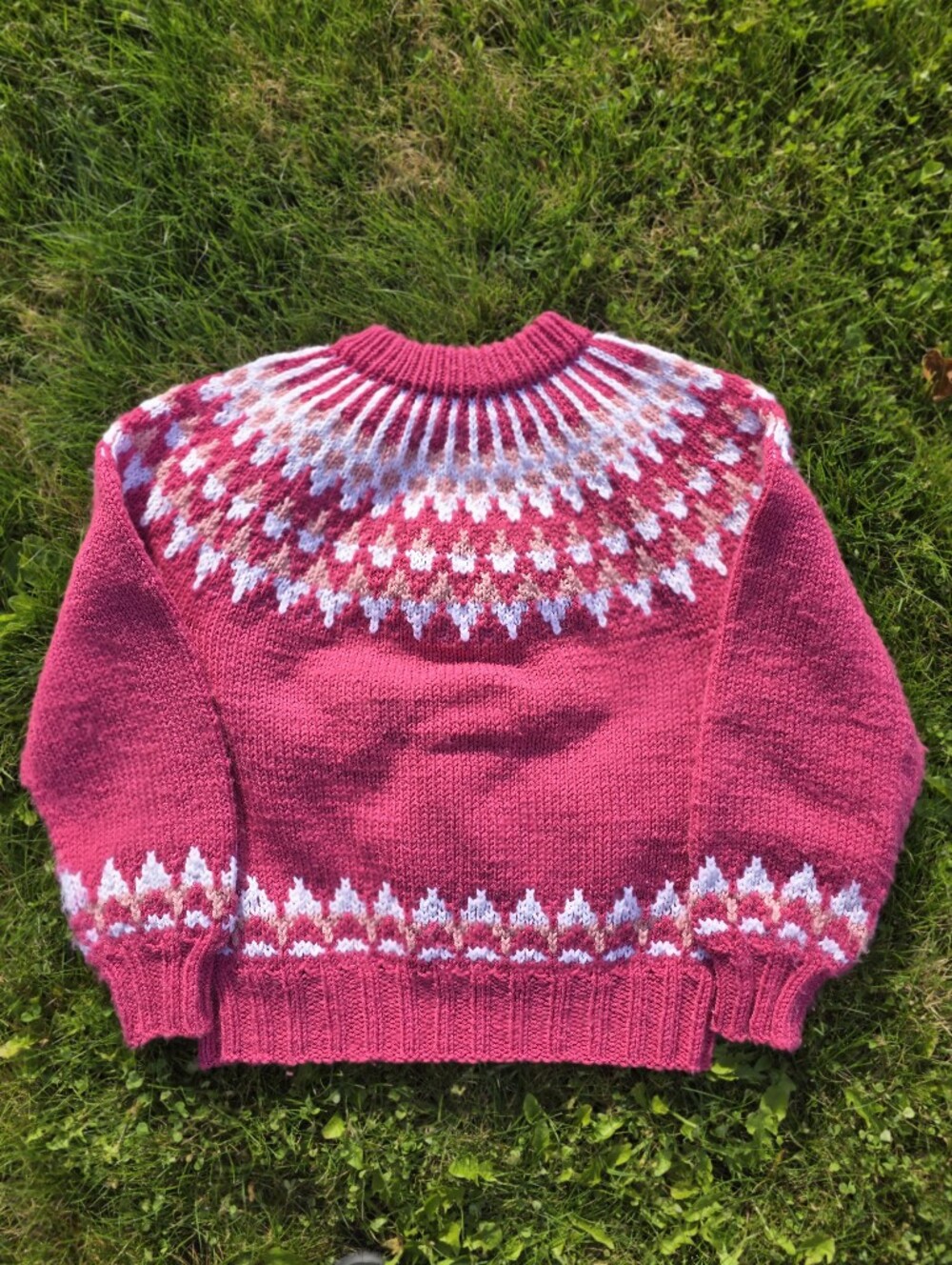 Pink Handmade Fair Isles Sweater, Fair Isles Yoke Sweater, Hand Knit Pullover